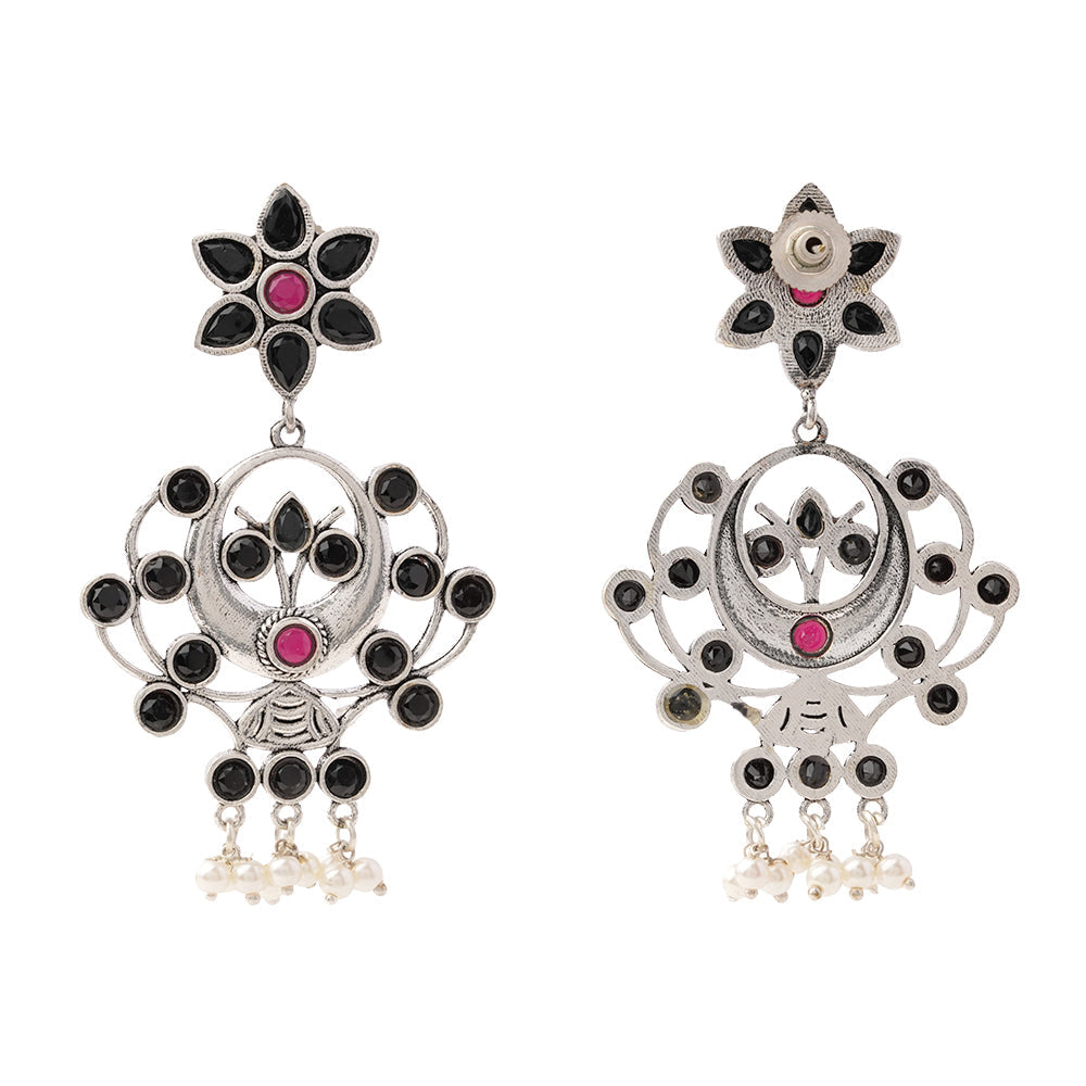 Dhaval- Silver Brass Oxidised dangler earrings(Multicolored RedBlack)