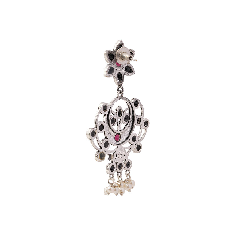 Dhaval- Silver Brass Oxidised dangler earrings(Multicolored RedBlack)