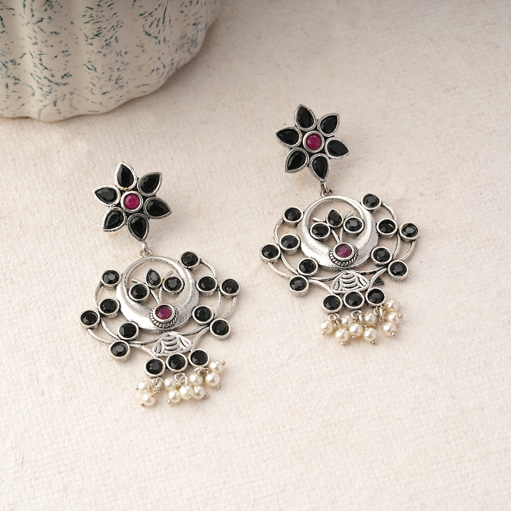Dhaval- Silver Brass Oxidised dangler earrings(Multicolored RedBlack)