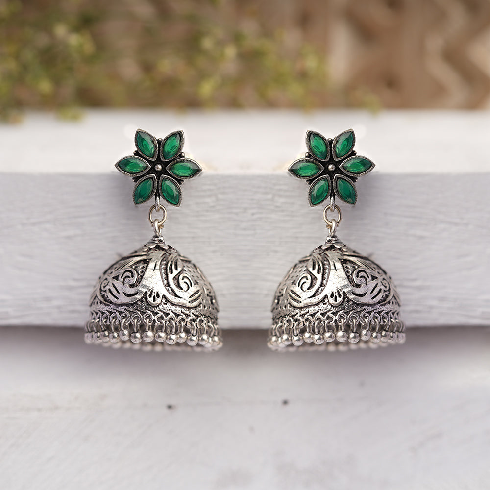 Padmika- Silver Brass Stone-Studded Jhumka Earrings(Green)