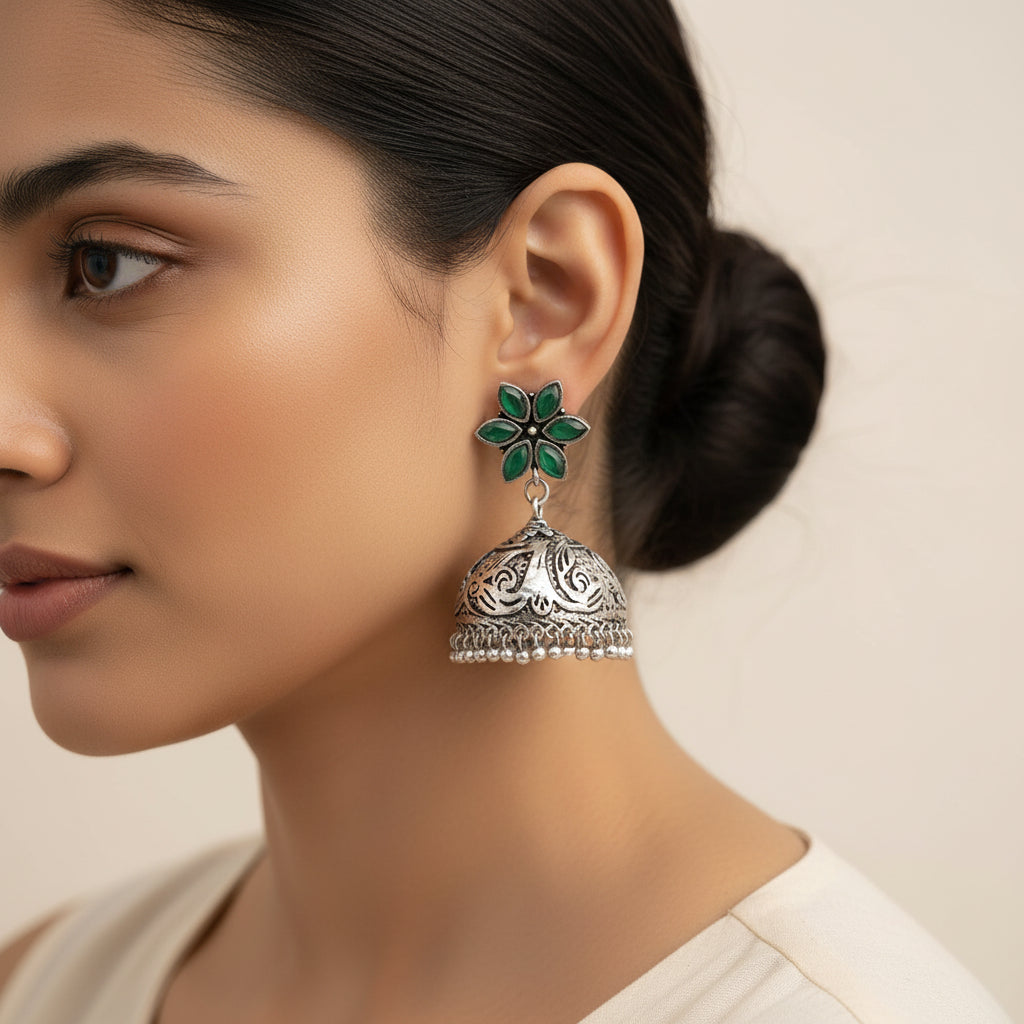 Padmika- Silver Brass Stone-Studded Jhumka Earrings(Green)