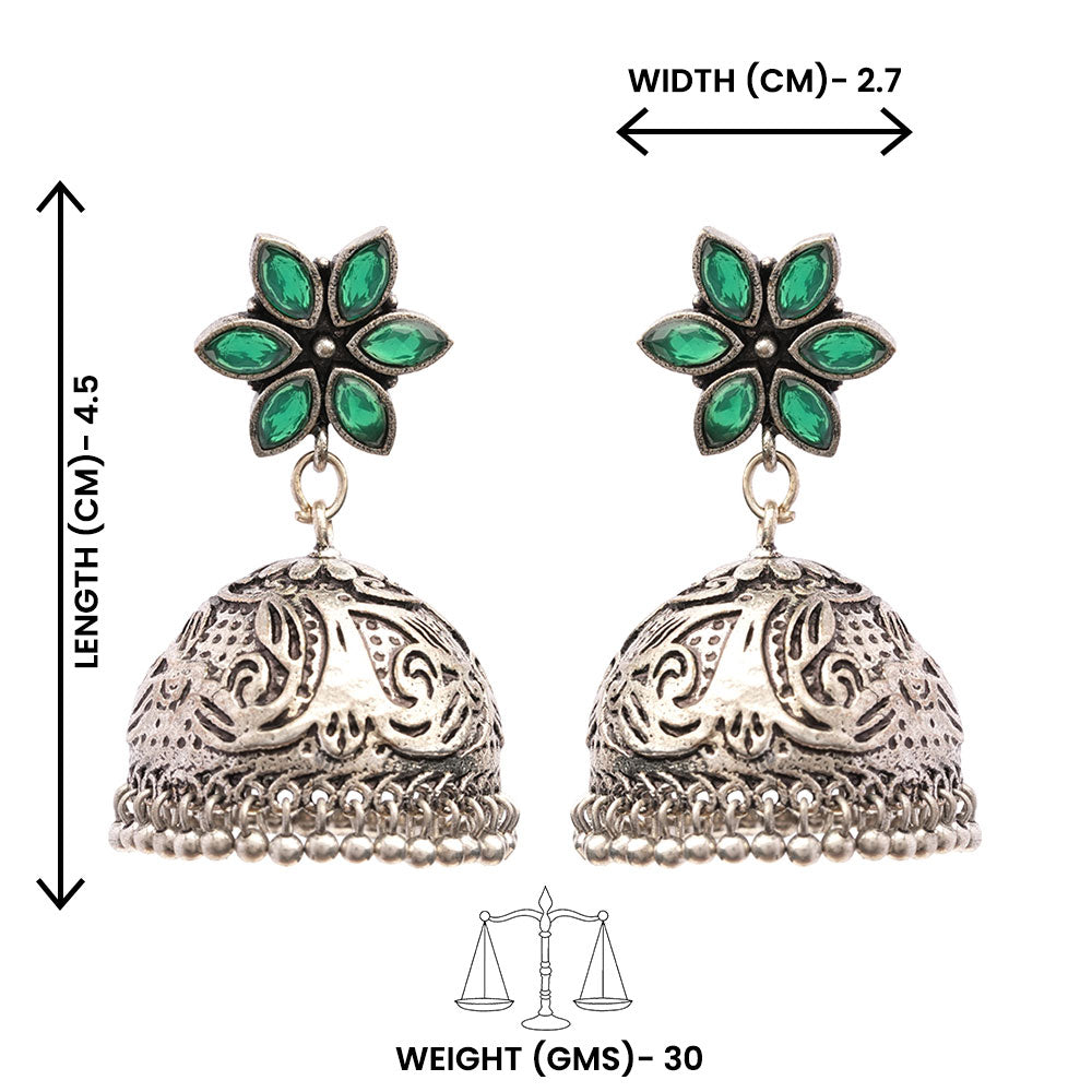 Padmika- Silver Brass Stone-Studded Jhumka Earrings(Green)