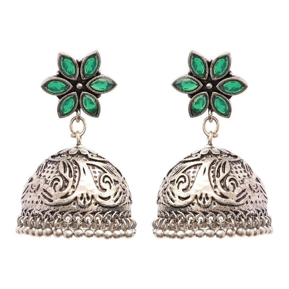 Padmika- Silver Brass Stone-Studded Jhumka Earrings(Green)