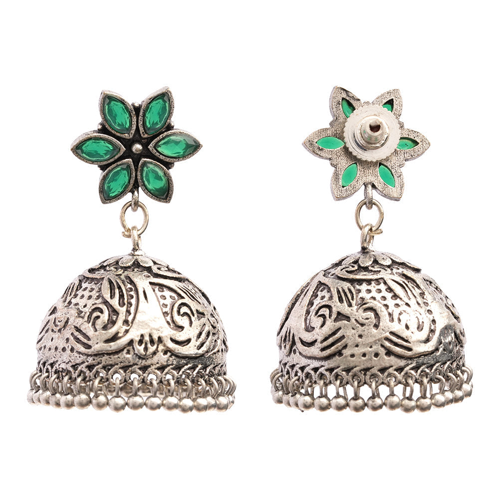 Padmika- Silver Brass Stone-Studded Jhumka Earrings(Green)