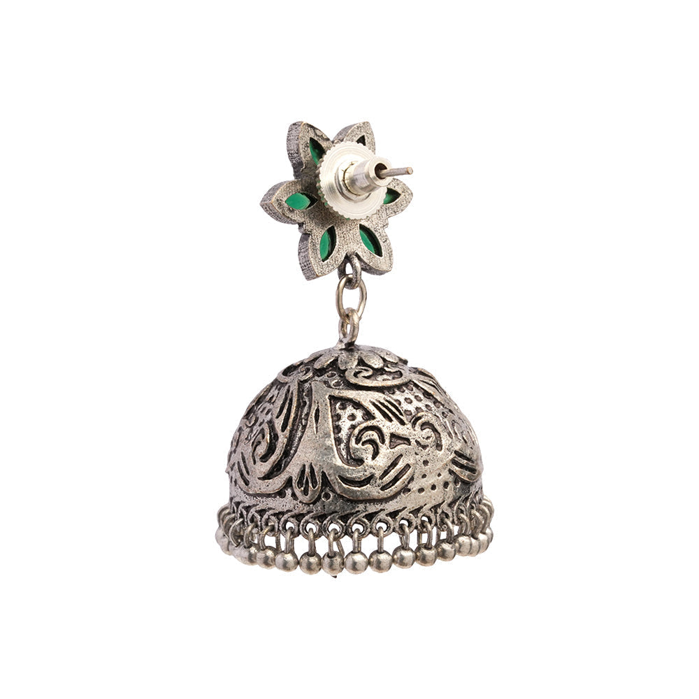 Padmika- Silver Brass Stone-Studded Jhumka Earrings(Green)