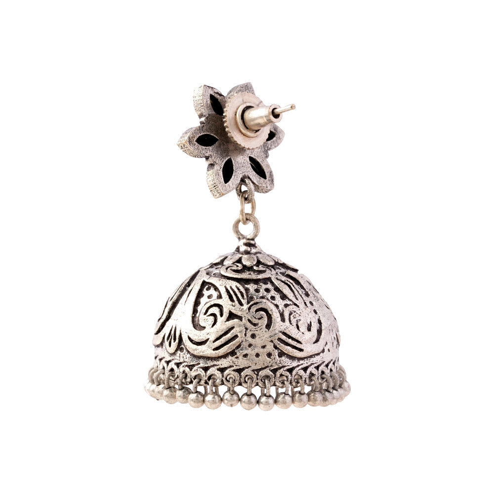 Padmika- Silver Brass Stone-Studded Jhumka Earrings(Black)