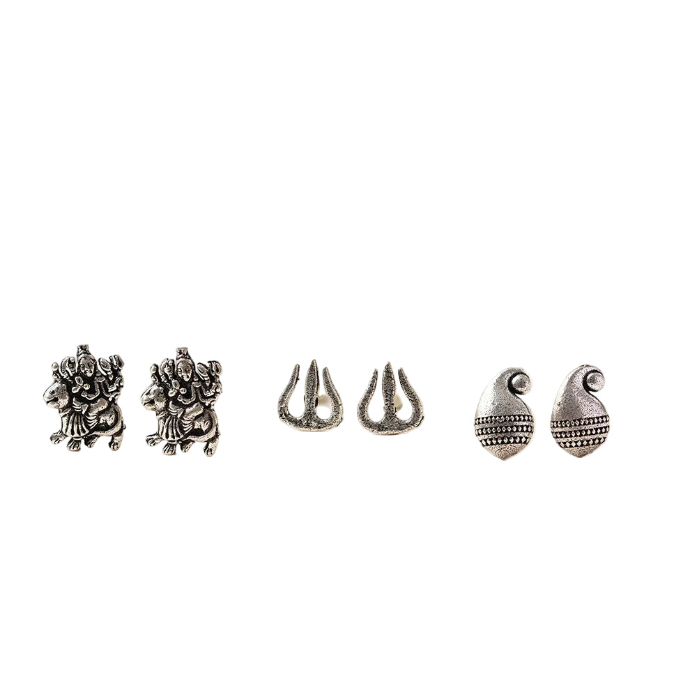 Triveni- Combo of Silver Brass Oxidised stud Earrings