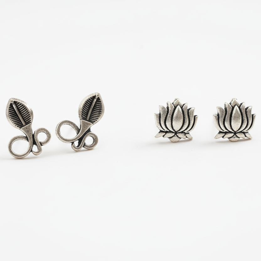Trayi- Combo of Silver Brass Oxidised stud Earrings