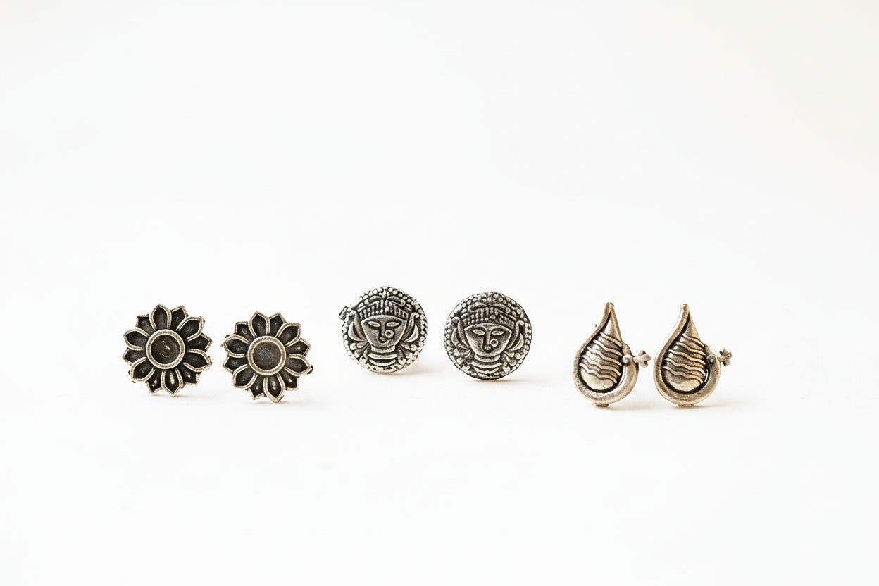Saathiya- Combo of Silver Brass Oxidised stud Earrings