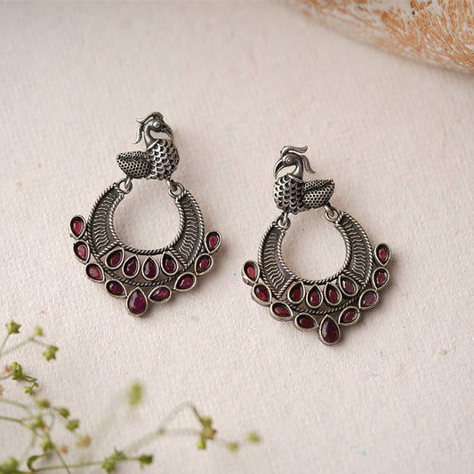 ManikMor- Silver Brass Oxidised dangler earrings(Red)