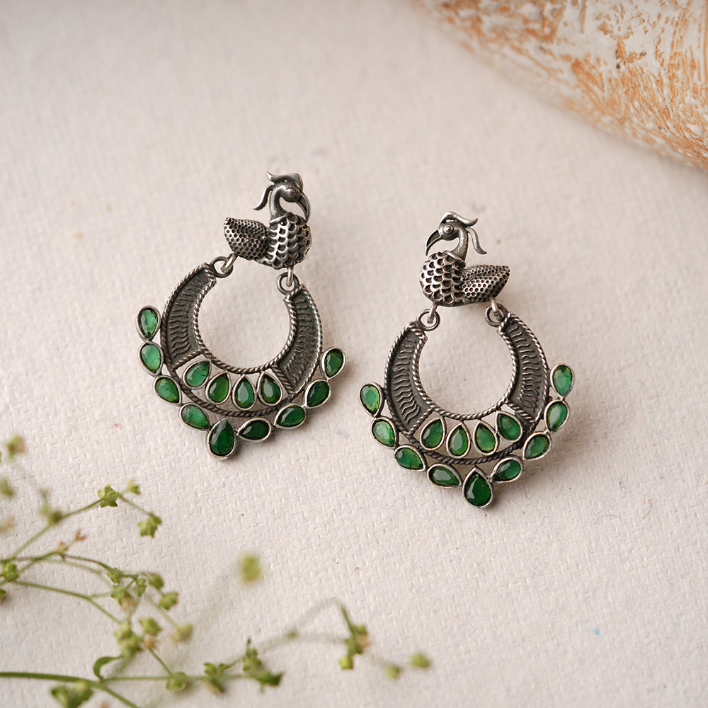 ManikMor- Silver Brass Oxidised dangler earrings (Green)