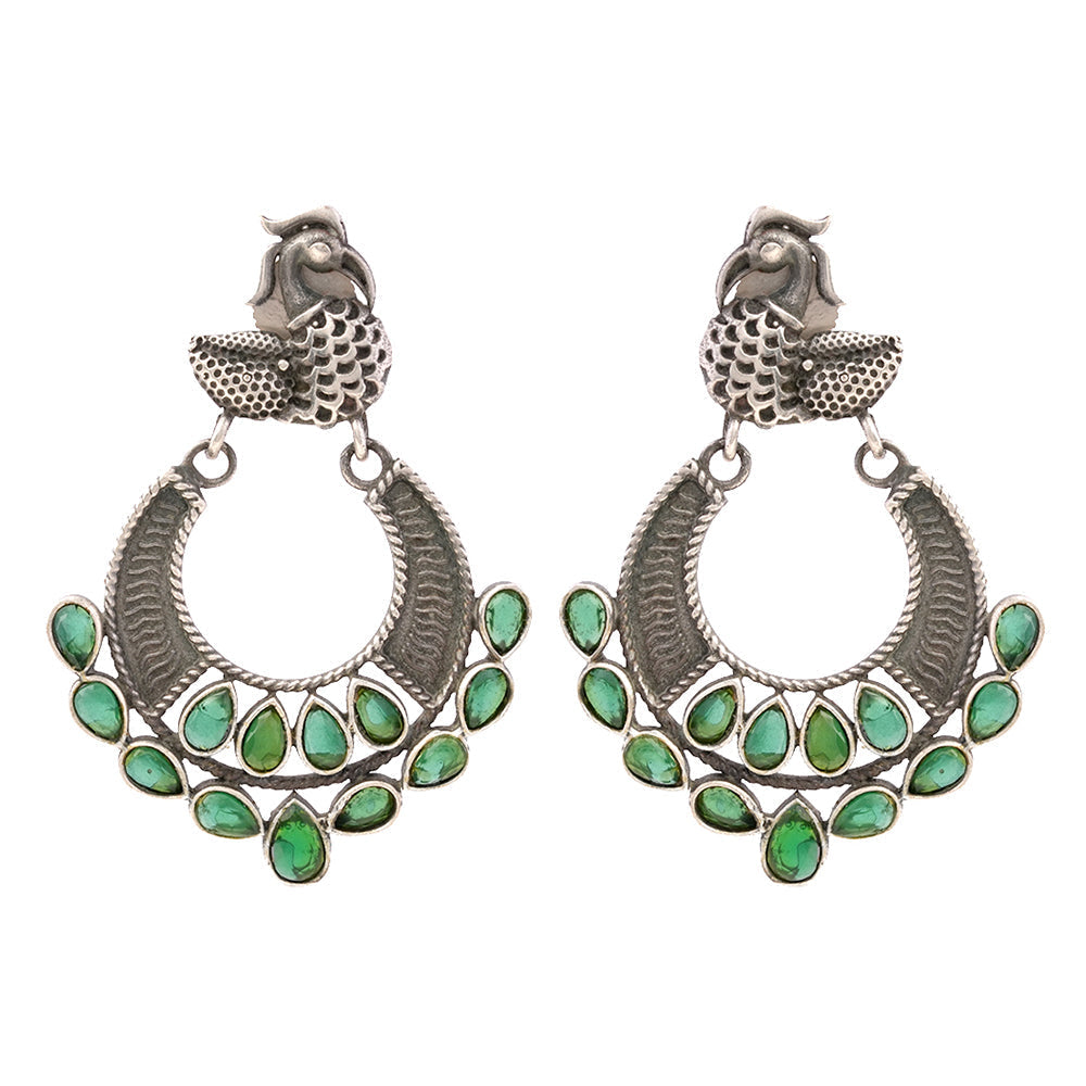 ManikMor- Silver Brass Oxidised dangler earrings (Green)