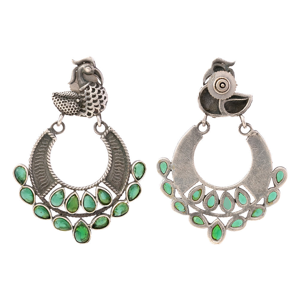 ManikMor- Silver Brass Oxidised dangler earrings (Green)
