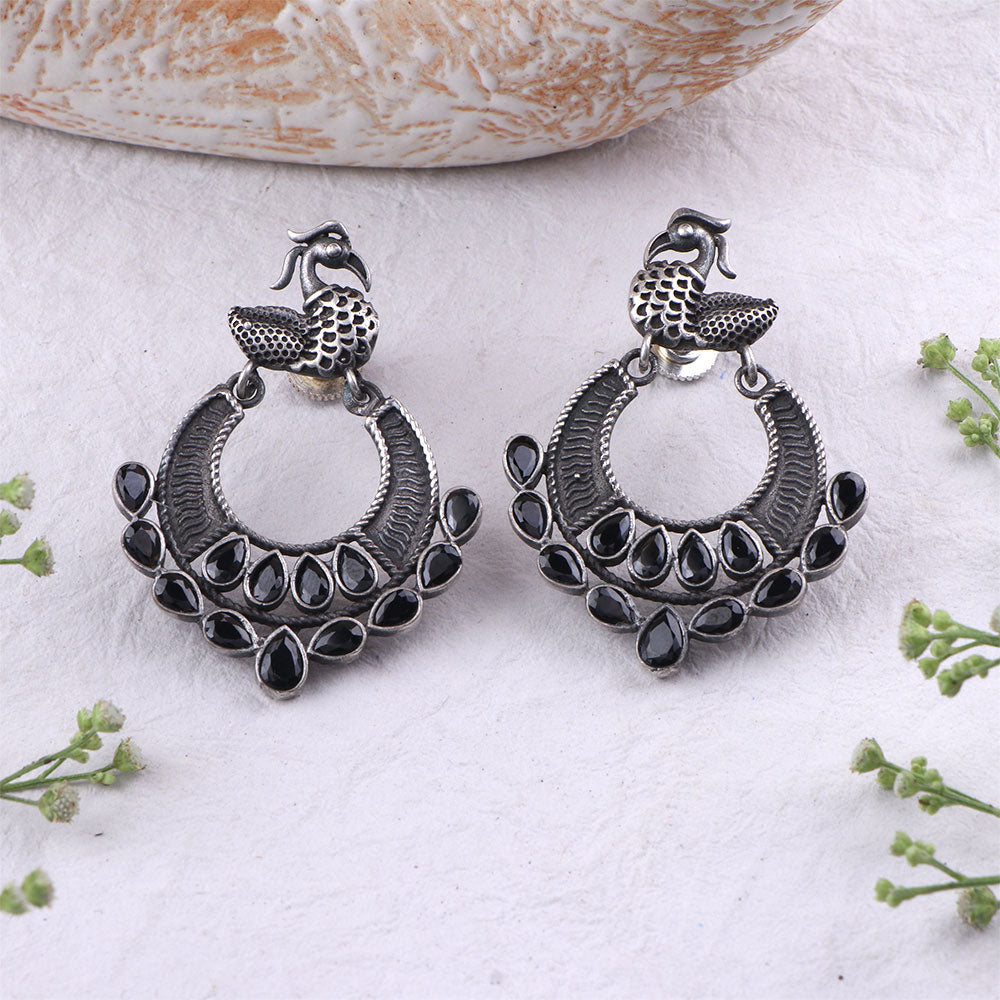 Black Stone Dangler Peacock Brass Earrings