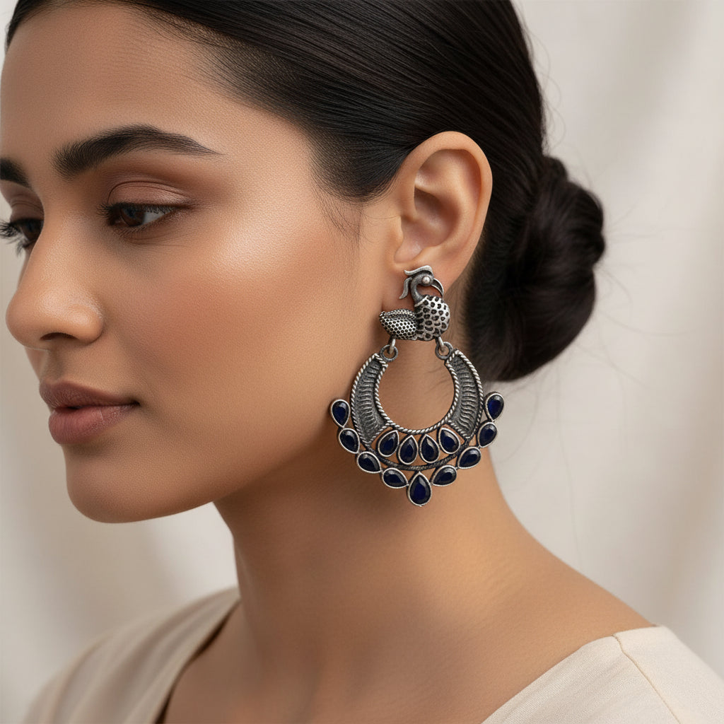 Black Stone Dangler Peacock Brass Earrings