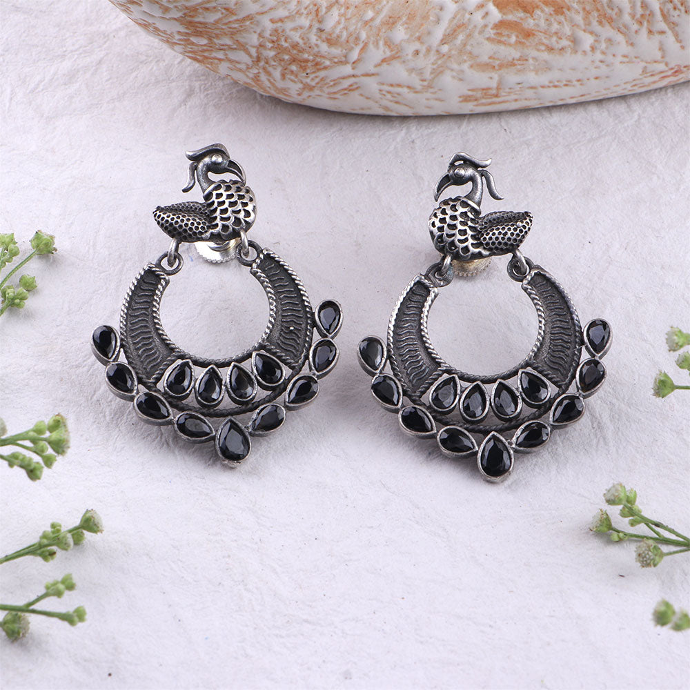 Black Stone Dangler Peacock Brass Earrings