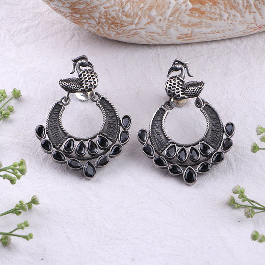 Black Stone Dangler Peacock Brass Earrings