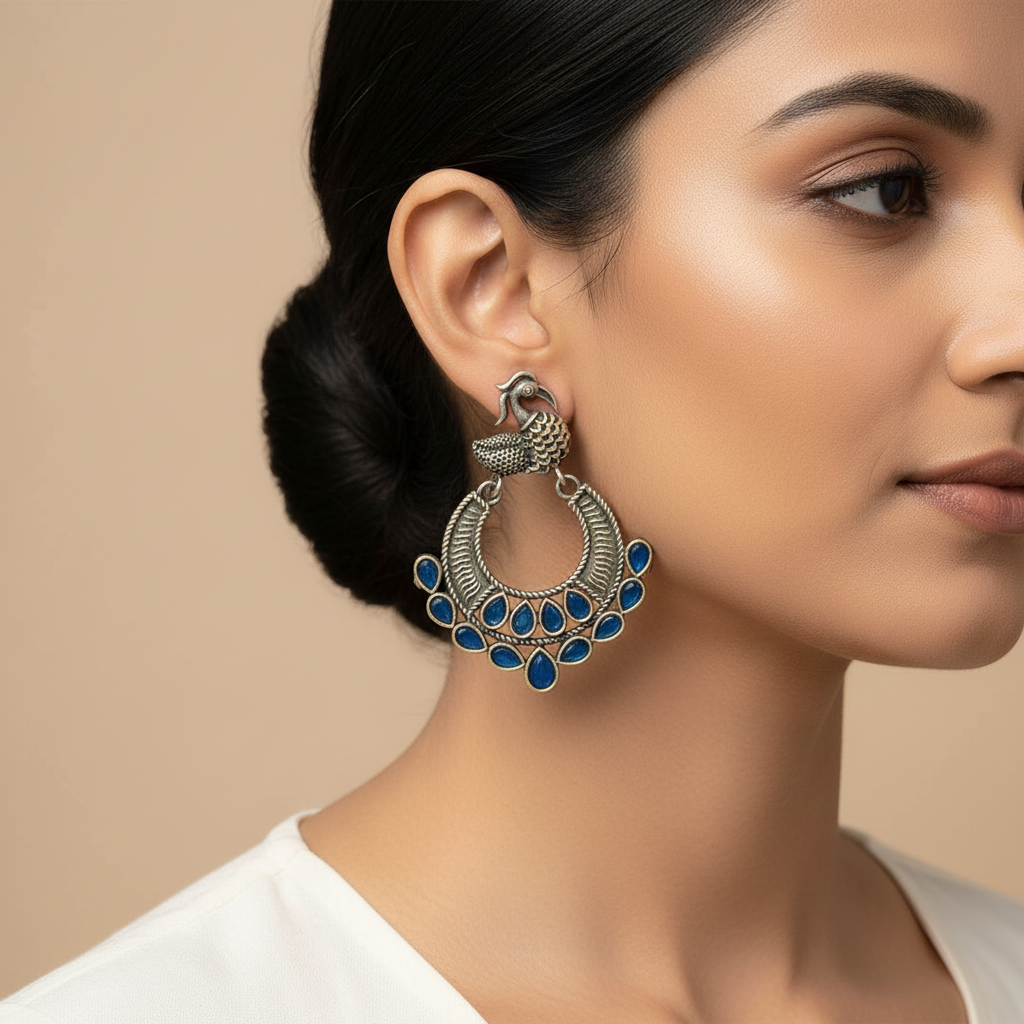 ManikMor- Silver Brass Oxidised dangler earrings(Blue)