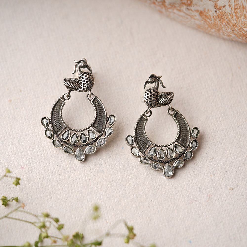 ManikMor- Silver Brass Oxidised dangler earrings (white)
