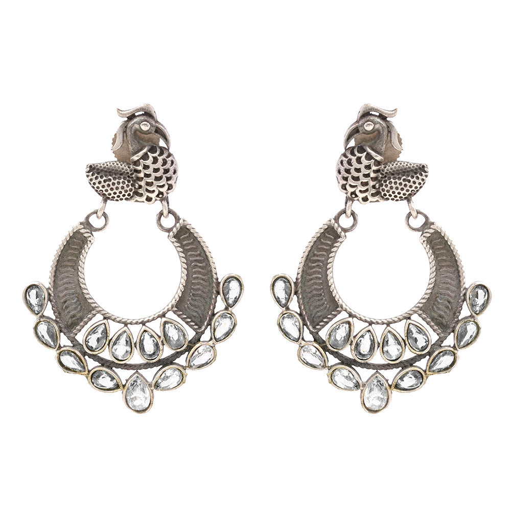 ManikMor- Silver Brass Oxidised dangler earrings (white)
