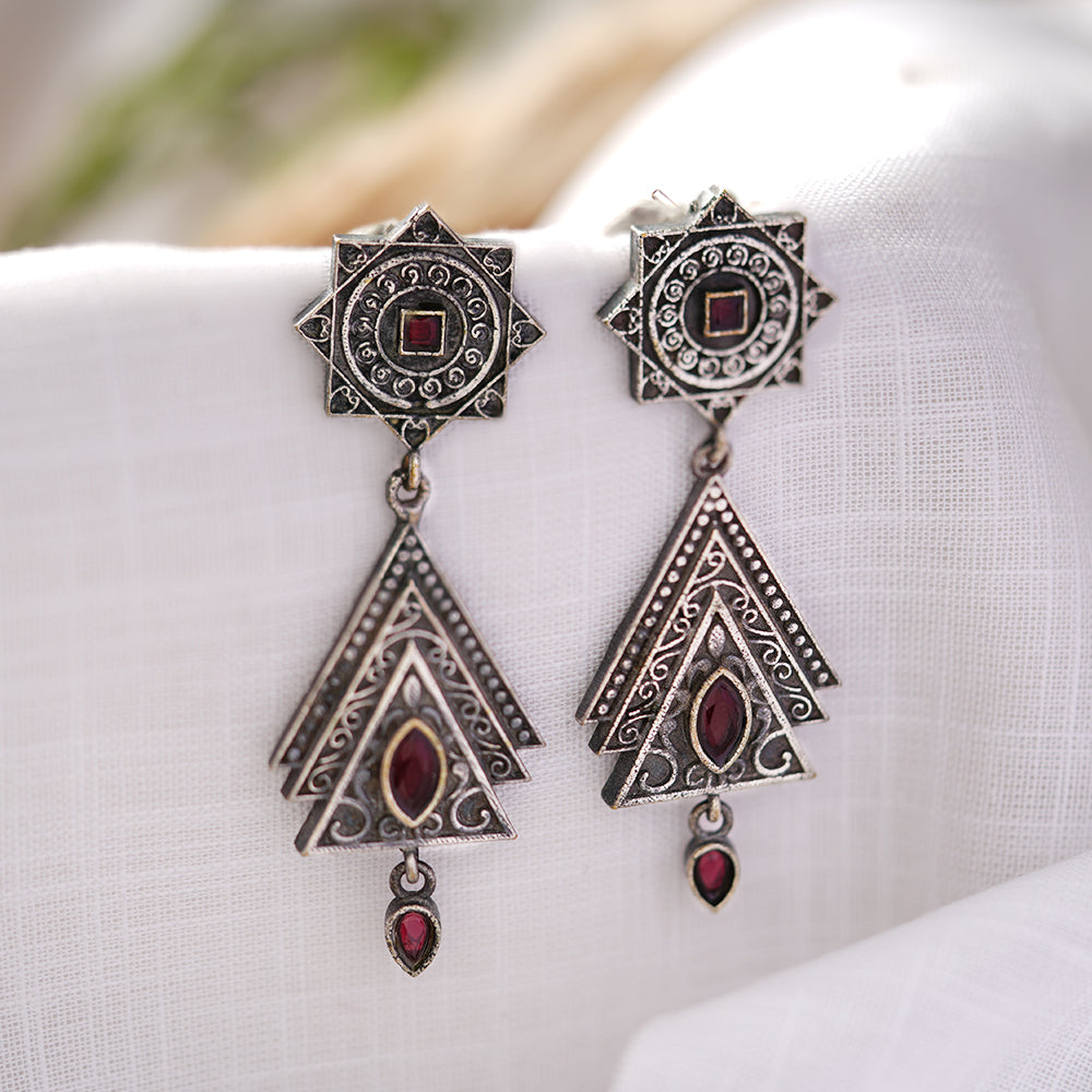 Triratna- Silver Brass Oxidised Dangler earrings