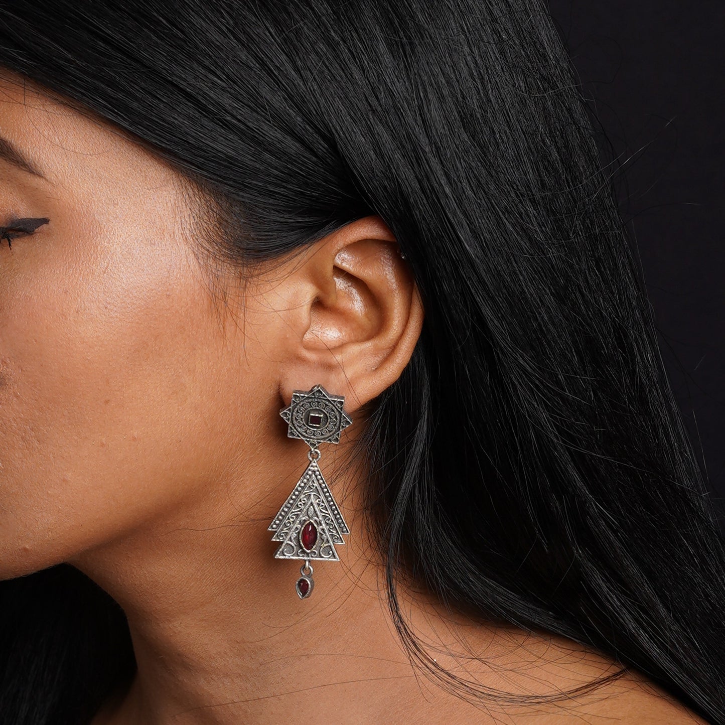 Triratna- Silver Brass Oxidised Dangler earrings