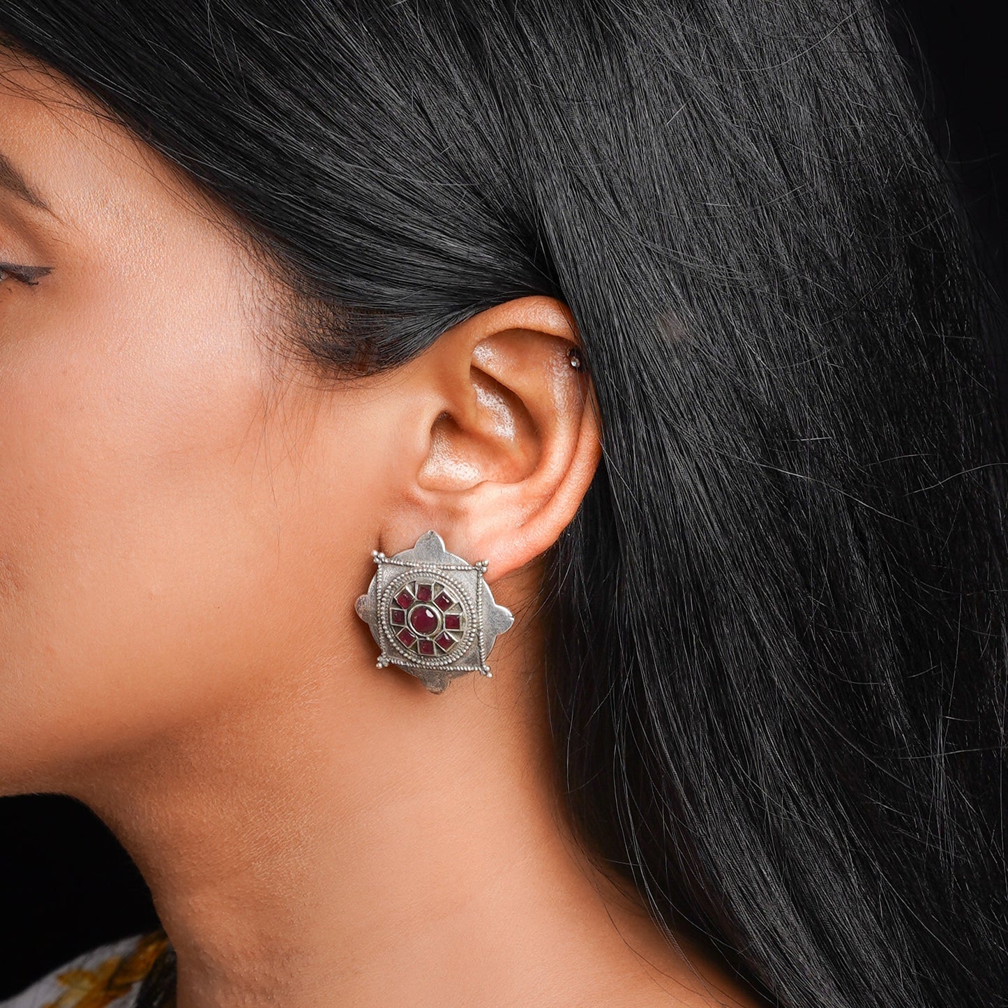 Laalima- Silver Brass Stud Oxidised Earrings