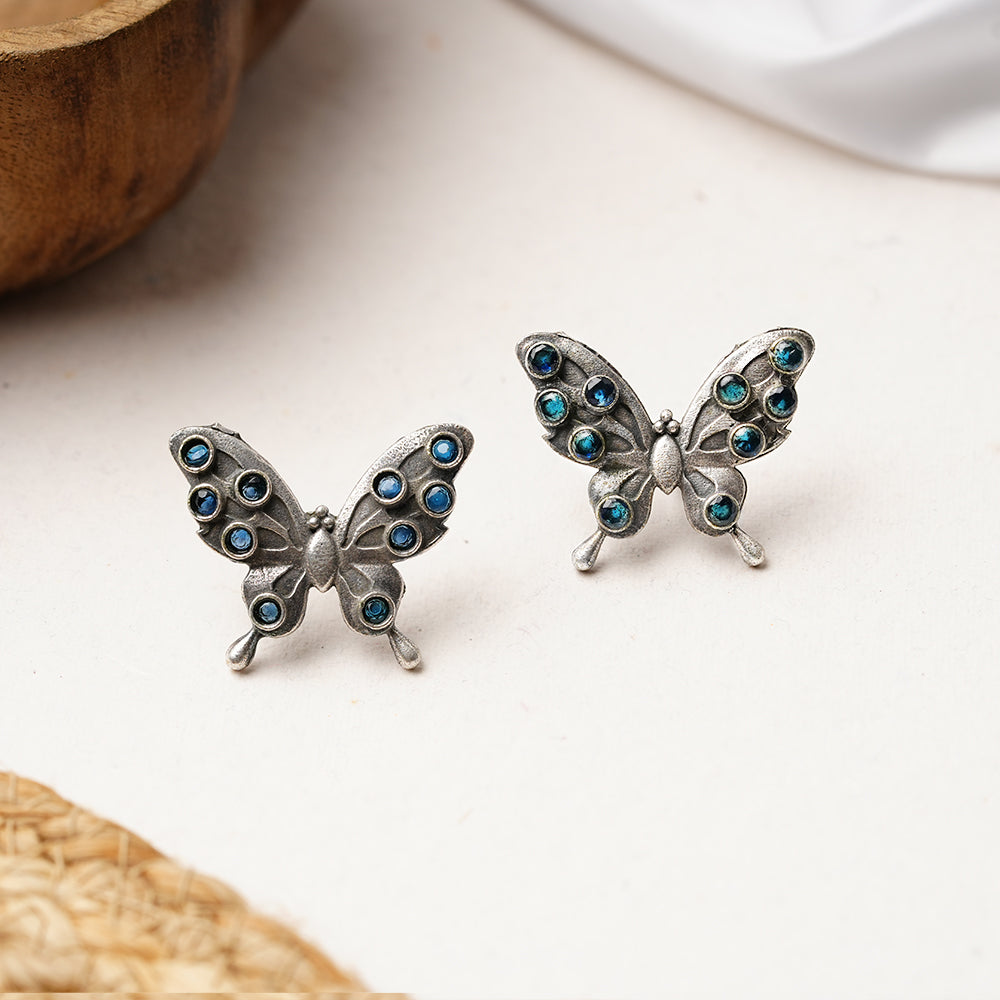 Titli- Silver oxidised Stone-Studded stud earrings(Blue)