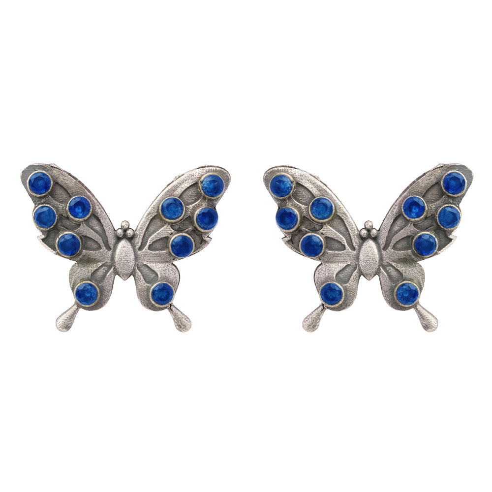 Titli- Silver oxidised Stone-Studded stud earrings(Blue)
