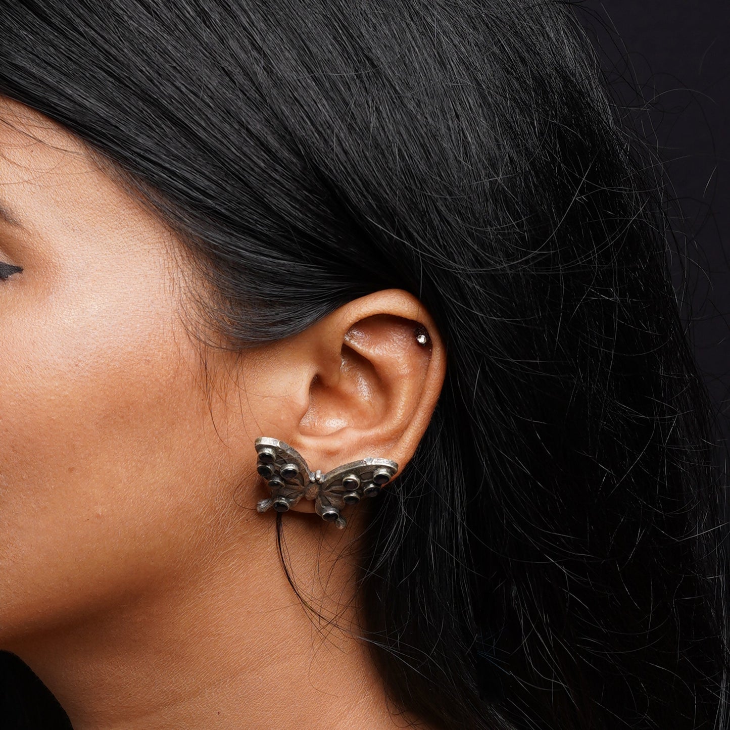 Titli- Silver oxidised Stone-Studded stud earrings(Blue)