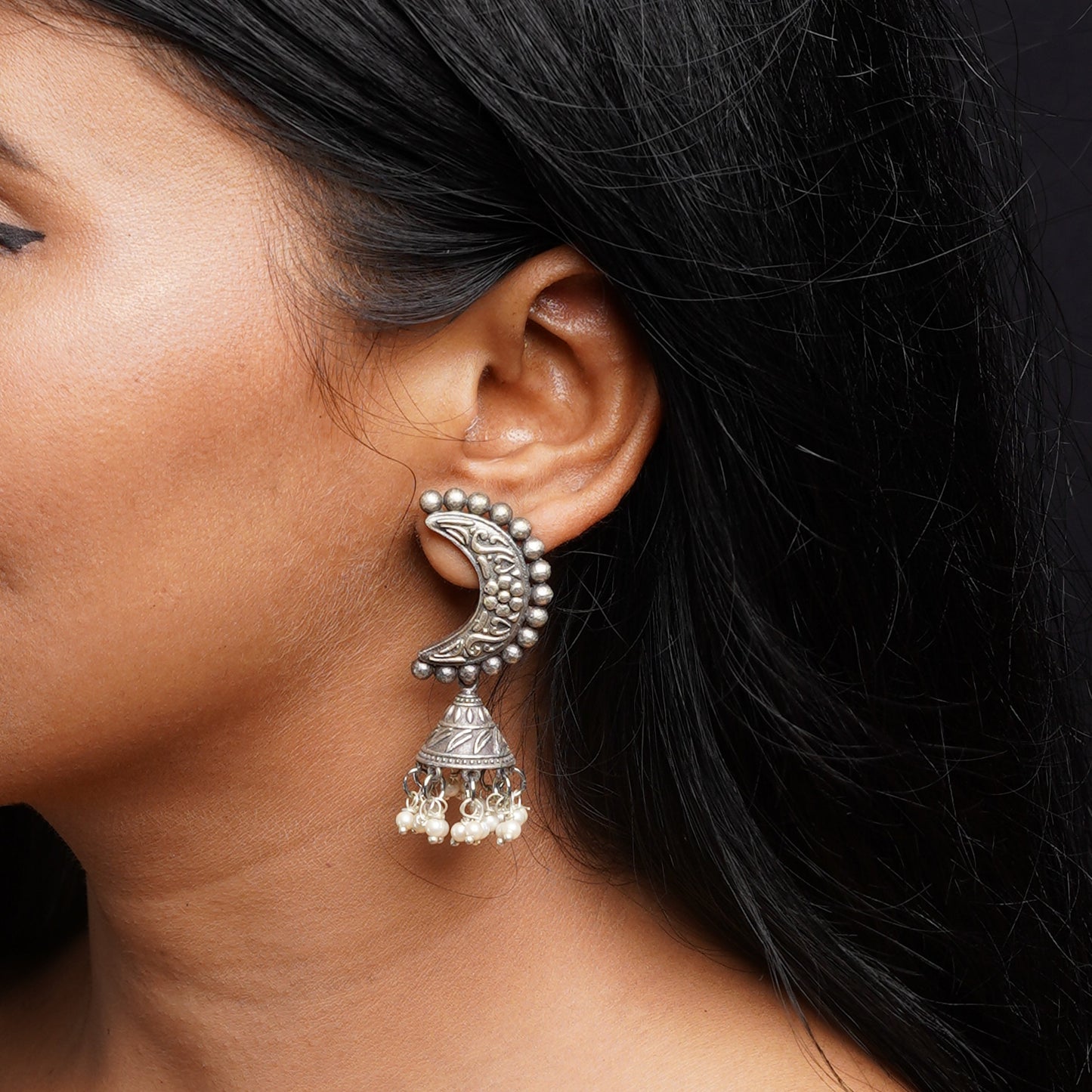Shashi- Silver Brass oxidised jhumki earrings