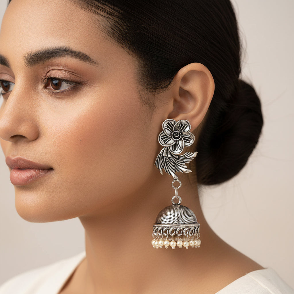 Muktika- Silver Brass Pearl dangler earrings