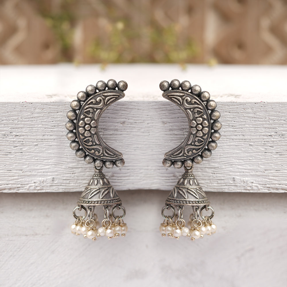 ArdhChandra- Silver Brass oxidised Jhumka earrings