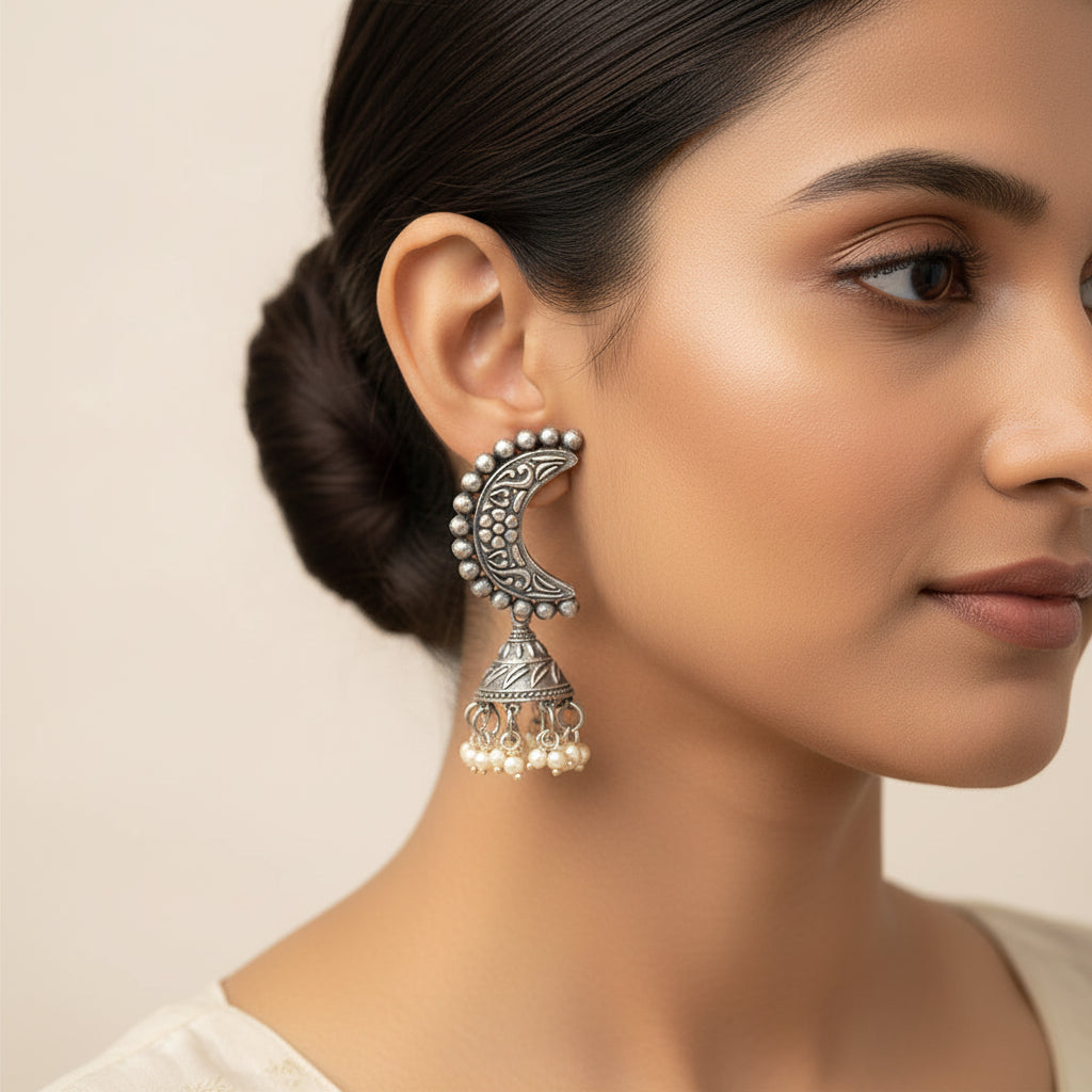 ArdhChandra- Silver Brass oxidised Jhumka earrings