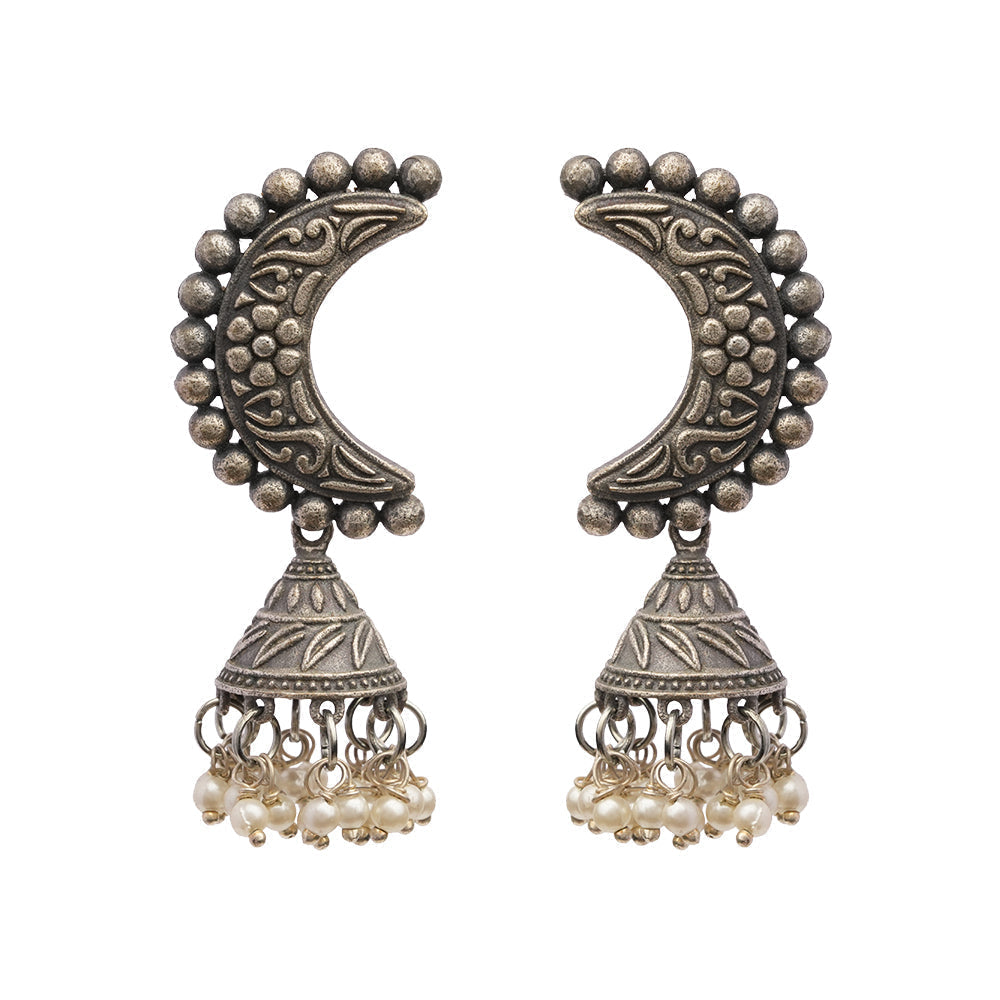 ArdhChandra- Silver Brass oxidised Jhumka earrings