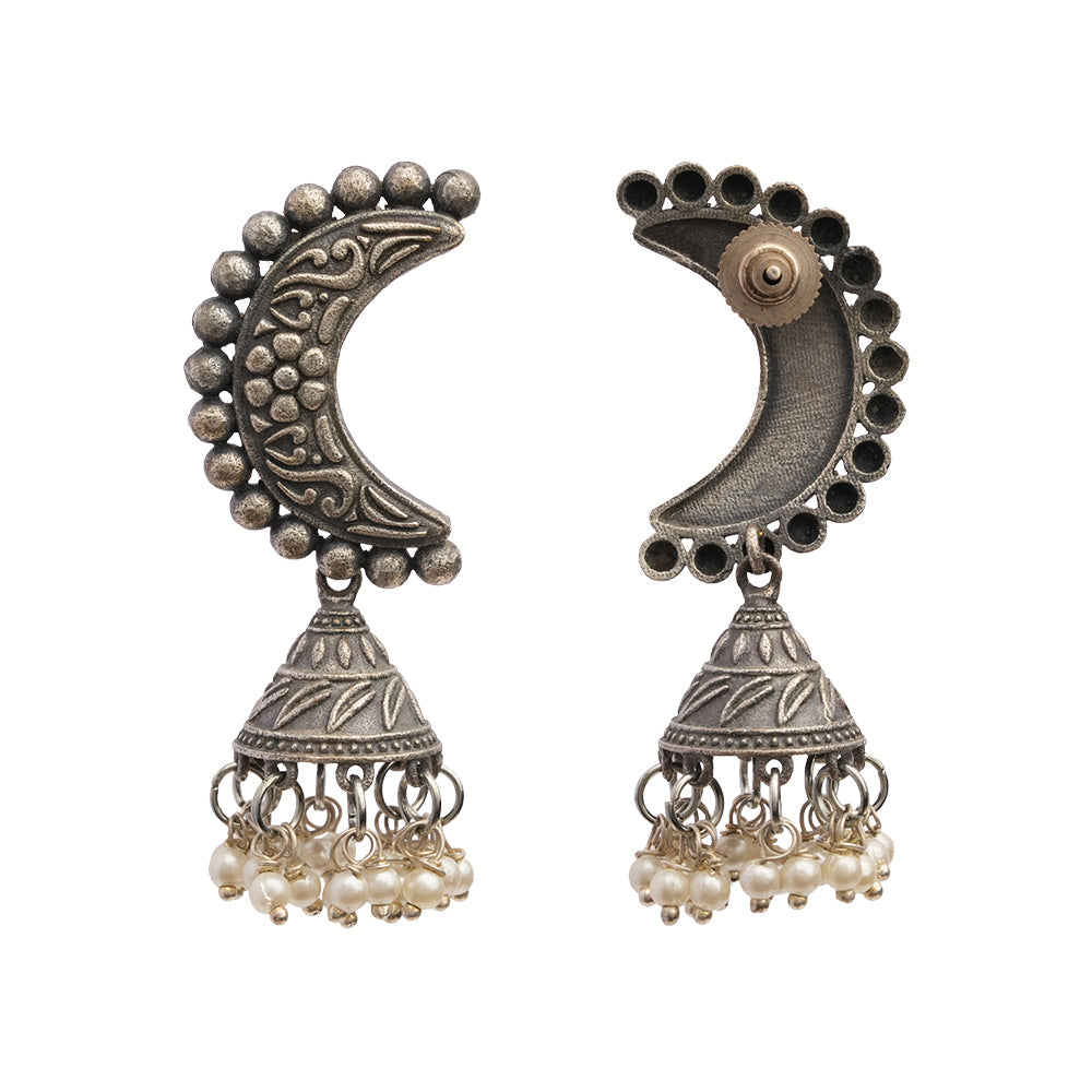 ArdhChandra- Silver Brass oxidised Jhumka earrings