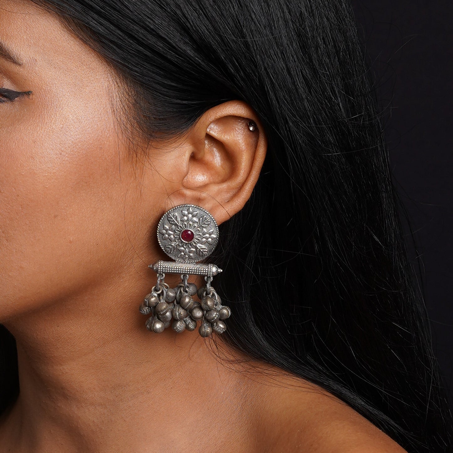 ShahiFarmaan- Silver Brass ghunghroo stud earrings