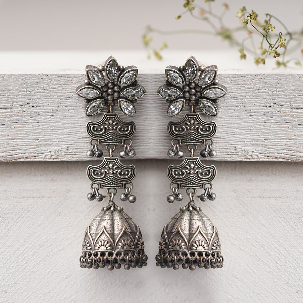 Kundanika- Silver Brass oxidised Jhumka earrings