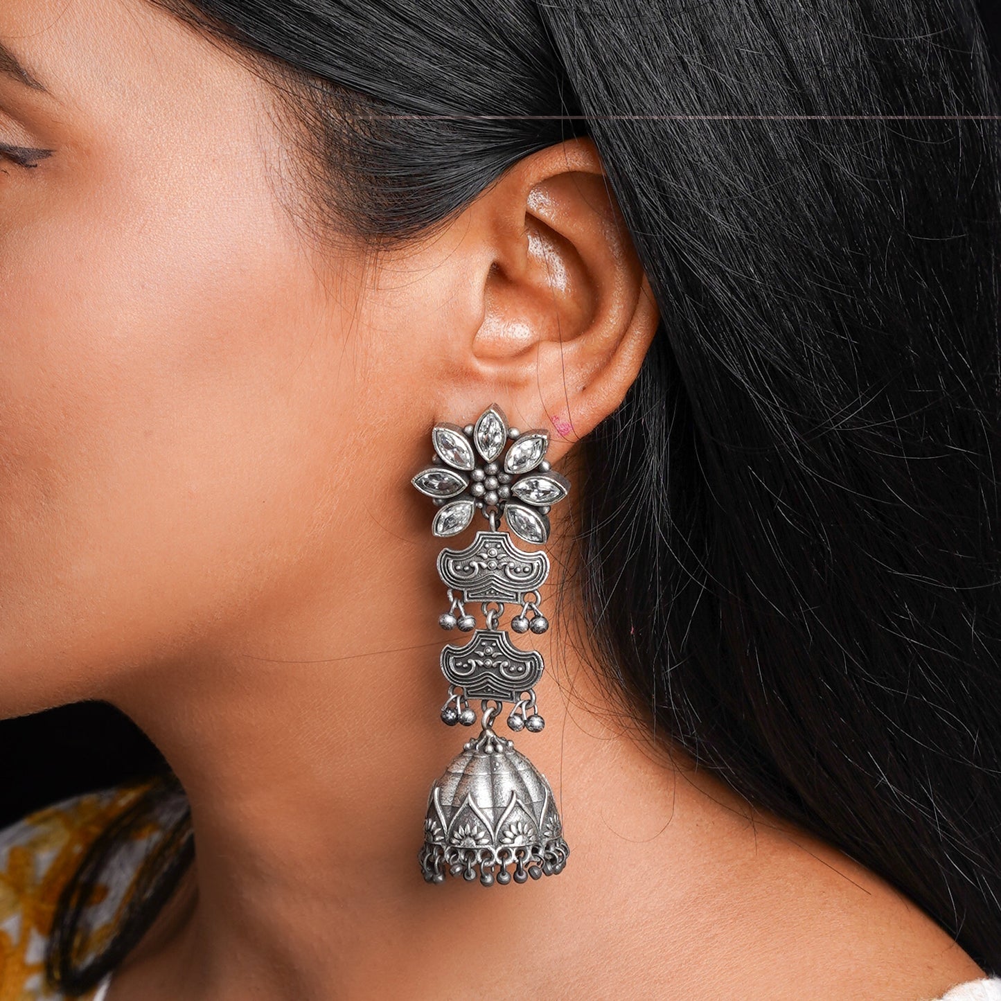 Kundanika- Silver Brass oxidised Jhumka earrings