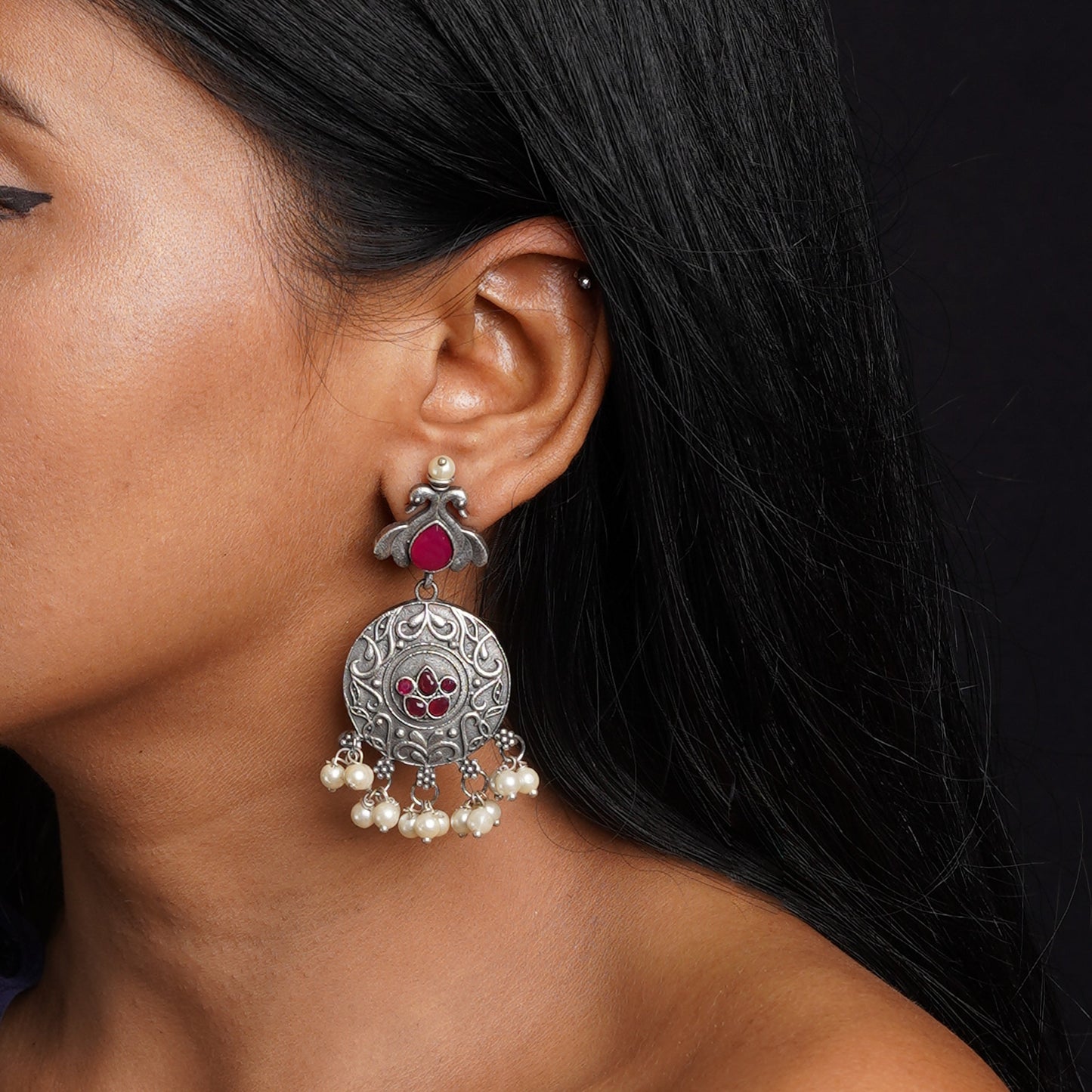 Pravah- Silver Brass Pearl dangler earrings(Red)