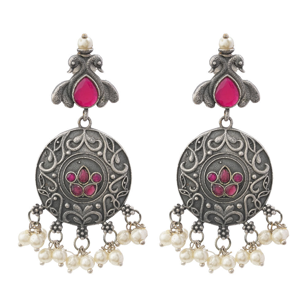 Pravah- Silver Brass Pearl dangler earrings(Red)