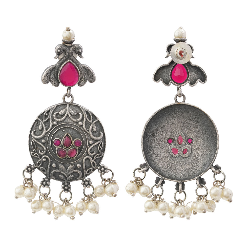 Pravah- Silver Brass Pearl dangler earrings(Red)