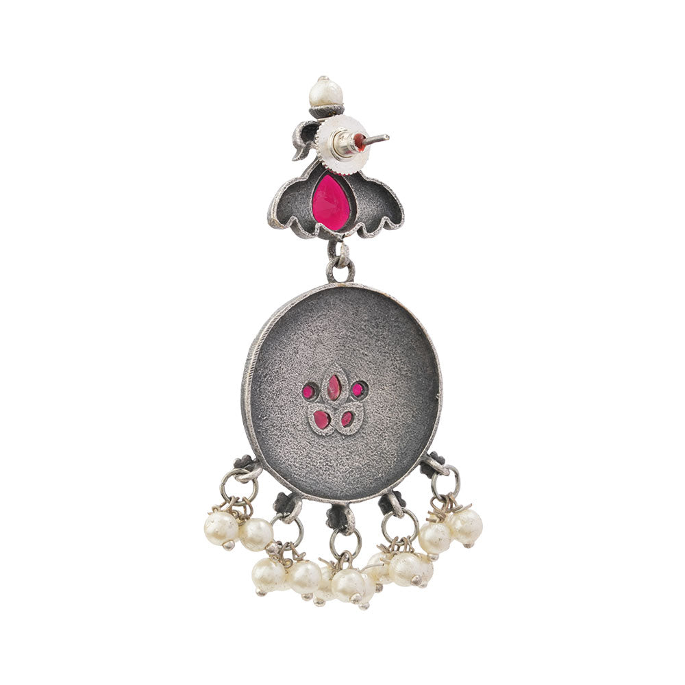 Pravah- Silver Brass Pearl dangler earrings(Red)
