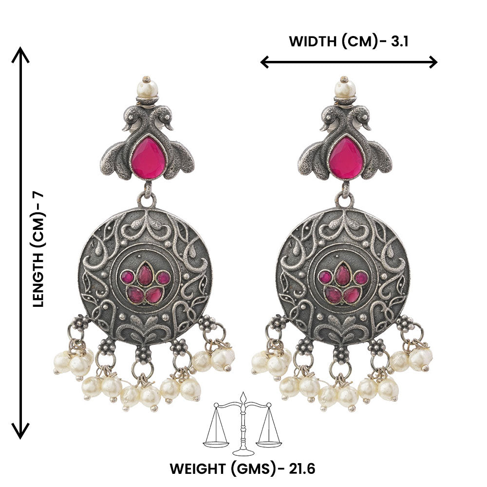 Pravah- Silver Brass Pearl dangler earrings(Red)