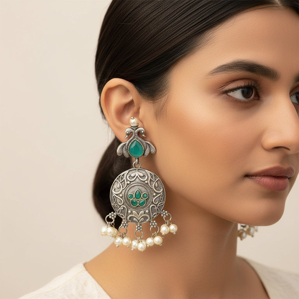 Pravah- Silver Brass Pearl dangler earrings(Blue)