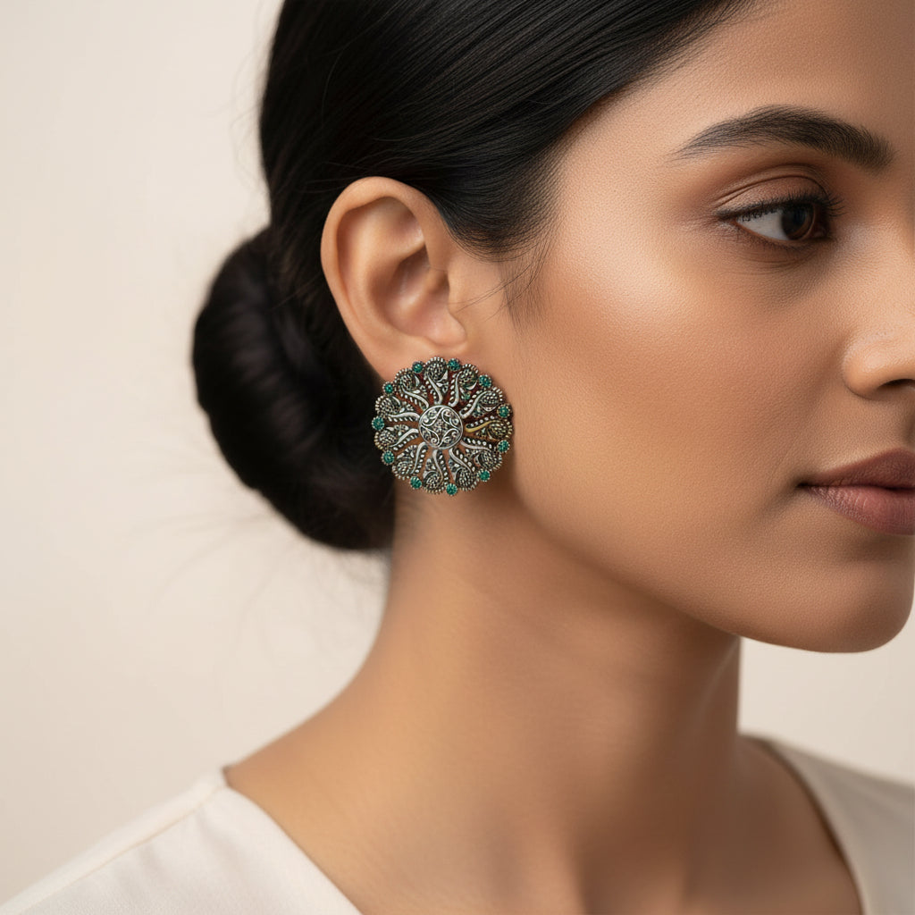 Gulshan- Silver Brass Oxidised Stud Earrings