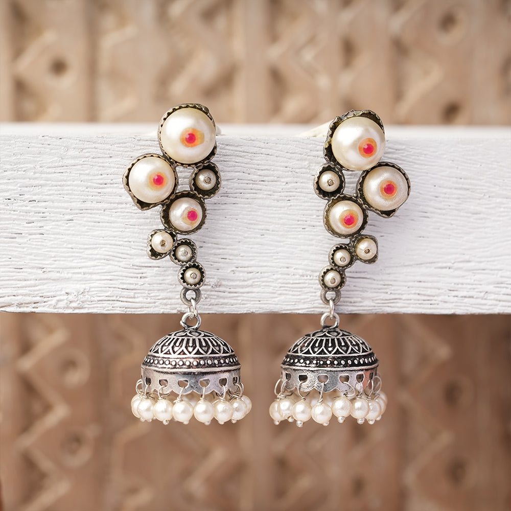 Motikshi- Silver Brass Pearl jhumka earrings