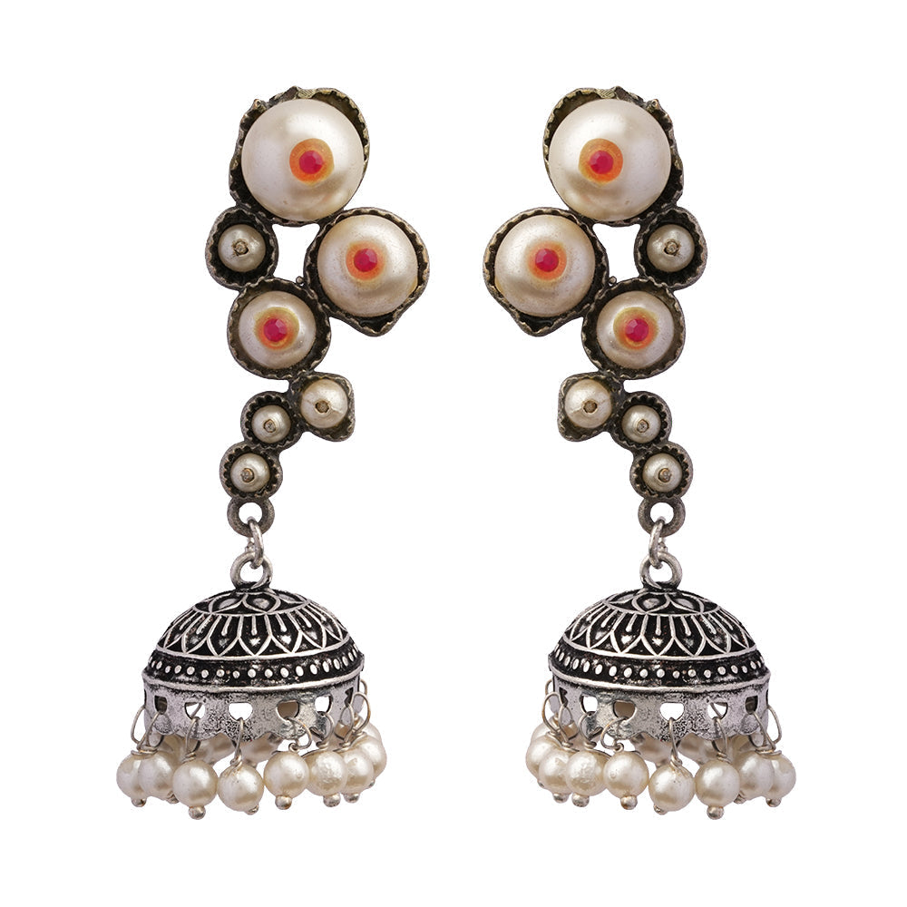 Motikshi- Silver Brass Pearl jhumka earrings