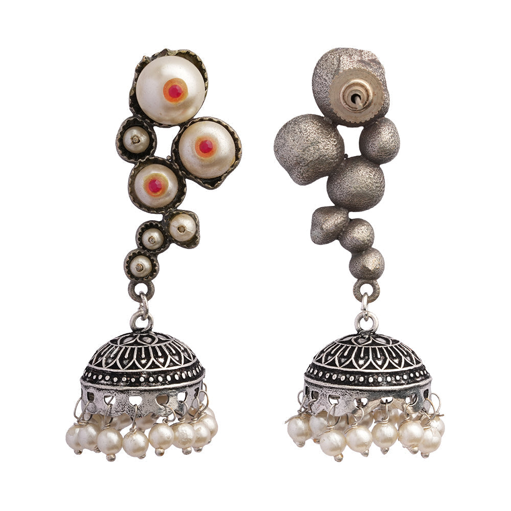 Motikshi- Silver Brass Pearl jhumka earrings