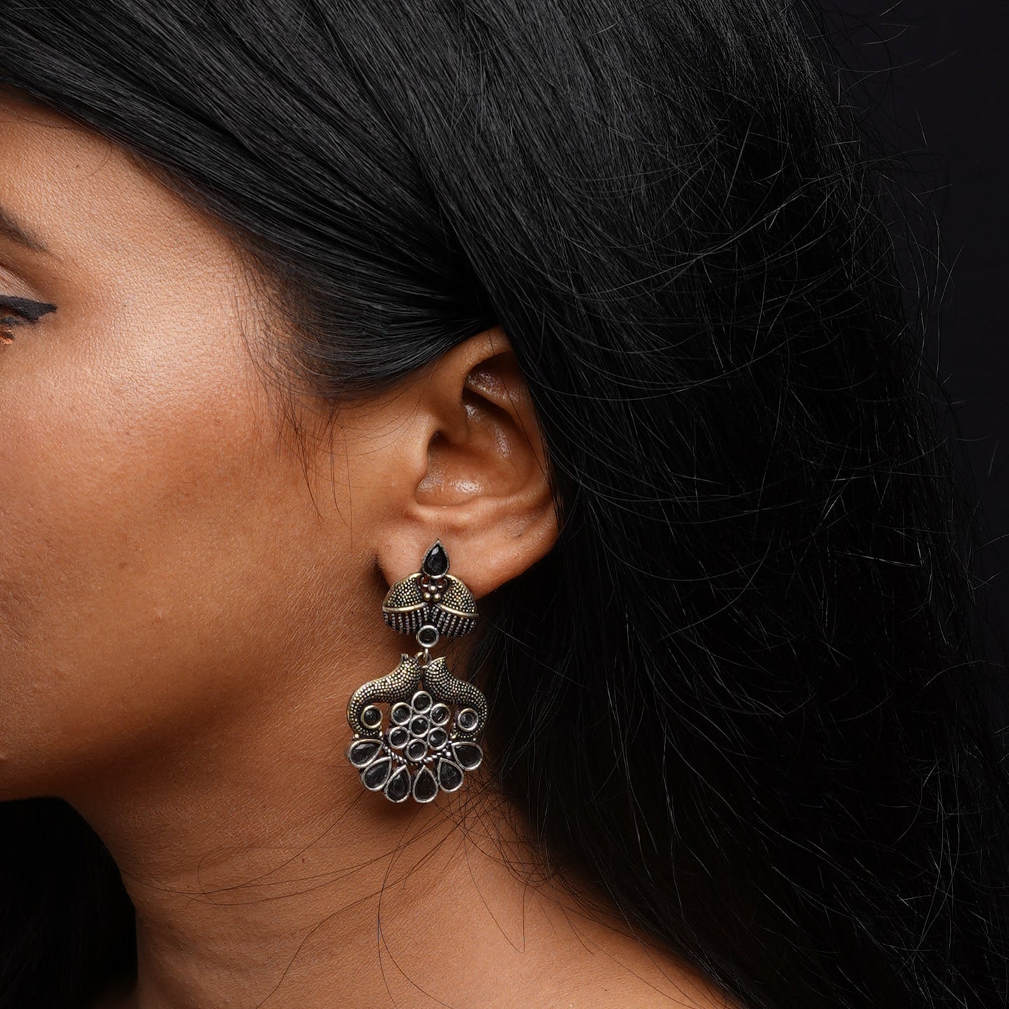 ChandVrit- Silver Brass Oxidised dangler earrings